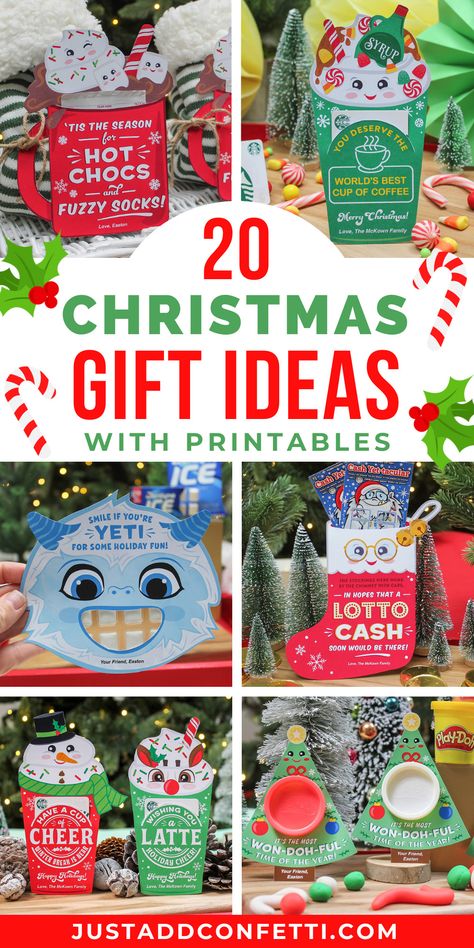 Looking for some new Christmas gift and treat ideas? I've got you covered with these 20 easy Christmas gift ideas! These Christmas ideas are perfect for school classroom handouts, teacher gift ideas, hostess gifts, or holiday gift giving. Each of these Christmas gift ideas has a creative and fun Christmas printable design! All of the Christmas printables are available in my Just Add Confetti Etsy shop. Also, head to justaddconfetti.com for more Christmas party ideas! Homemade Christmas Gifts For Coworkers, Easy Christmas Gift Ideas, Classroom Christmas Gifts, Preschool Christmas Gifts, Class Christmas Gifts, Teacher Holiday Gifts, Christmas Gifts For Coworkers, Easy Christmas Gifts, Classroom Gifts