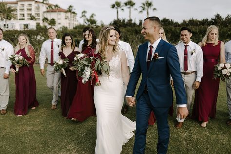 Burgundy Wedding with Wine Details at Monarch Beach Resort Burgundy Beach Wedding Ideas, Burgundy Wedding Party Color Schemes, Maroon Beach Wedding, Wedding Party Burgundy, Burgundy Beach Wedding, Merlot Bridesmaid Dresses, Merlot Wedding, Navy And Burgundy Wedding, Beach Resort Wedding