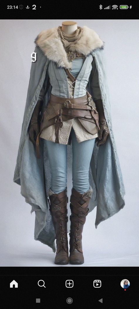 Winter Warrior Woman, Dnd Artificer Outfit, Explorer Costume Woman, Medieval Hunter Aesthetic, Ranger Clothes Dnd, Costume Sketches Design, Dune Style Clothing, Winter Female Outfits, Winter Outfits Character Design