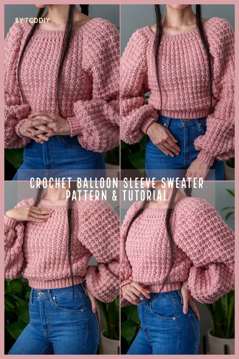 This stylish Crochet garment is the perfect way to stay comfy and fashionable all season long! With this easy to follow pattern, you can make your own unique fashion statement with this grandiose, hand made garment. So, if you’re looking for a cute and cozy project, just click for the pattern! #crochet #crochetpattern #crochettutorial Crochet Balloon Sleeve, Crochet Balloon, Trendy Balloons, Sweater Tutorial, Balloon Sleeve Sweater, Stylish Crochet, Crochet Butterfly, Garment Pattern, Crochet Videos Tutorials