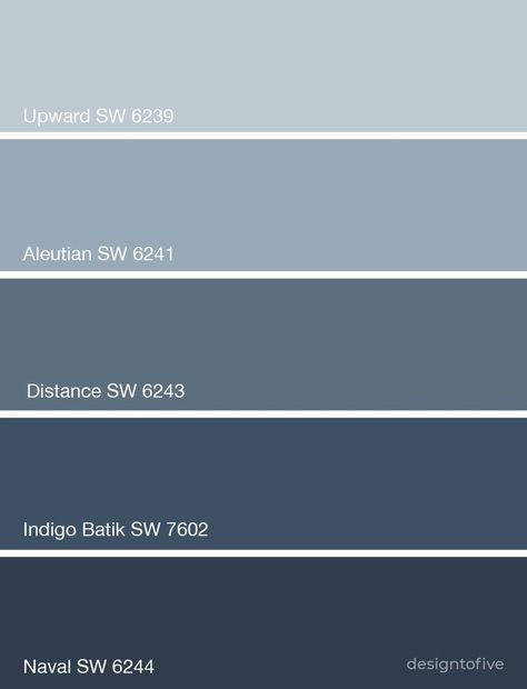 Paint color palette with shades of blue. Color names Upward SW 6239 Aleutian SW 6241 Distance SW 6243 Indigo Batik SW 7602 Naval SW 6244 Benjamin Moore Purple, Steel Blue Paint, Sherwin Williams Blue, Gray Paint Colors, Blue Gray Paint Colors, Blue Accent Walls, Color Of The Month, Blue Gray Paint, Paint Color Inspiration