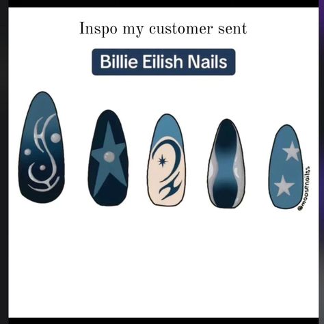 One of my amazing customers asked for a special set for an upcoming Billie Eilish concert! And she sent me this inspiration sketch she found online. I loved bringing this vision to life with my own twist on the details! Creating something that feels so personal for such an exciting event is what I’m all about. Concert nails just add that extra spark to the whole experience, don’t you think? 💚✨ #concertnails #customnailart #billieeilishnails #nailartist #pressonnails #concertready #nailgoal... Billie Eilish Nails Hit Me Hard And Soft, Hmhas Billie Nails, Billie Eilish Nails Ideas, Billie Eilish Nails Design, Billie Eilish Inspired Nails, Billie Nails, Billie Eilish Room, Billie Eilish Nails, Concert Nails