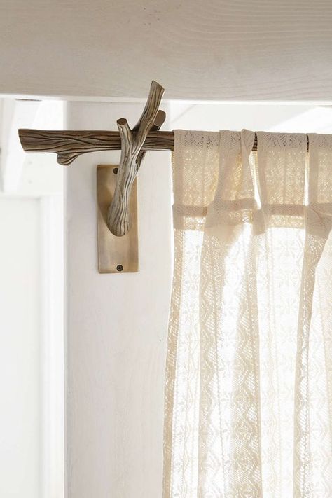 How To Make Beautiful Curtain Rods Out Of Tree Branches Branch Curtain Rods, Enchanted Forest Bedroom, Tree Murals, Enchanted Bedroom, Modern Curtain Rods, Wooden Curtain Rods, Rustic Curtain Rods, Woodland Bedroom, Forest Bedroom