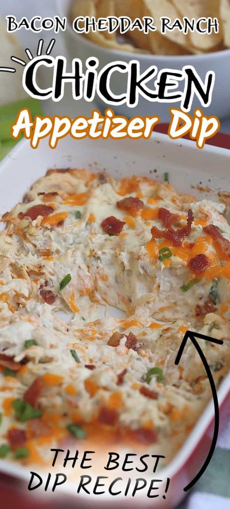 BACON CHEDDAR RANCH CHICKEN DIP is so addicting! This creamy warm appetizer dip is fully loaded and popular with the masses. #crackchicken #crackchickendip #diprecipe #appetizerdip #chickendip Chicken Bacon Ranch Dip Recipe, Hot Dips With Chicken, Chicken Bacon Dip Recipes, Chicken Caesar Bacon Dip, Chicken Bacon Ranch Appetizer, Chicken Bacon Ranch Dip Crock Pot, Catch A Man Dip, Chicken Bacon Ranch Dip Cold, Pulled Chicken Dip