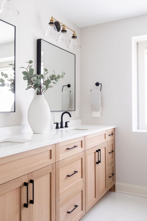 Northwood Primary Suite Remodel - Willaby Way Modern Farmhouse Master Bath Ideas, Master Bath Lighting Fixtures, Wood Tone Bathroom, Primary Suite Bathroom, Black Hardware Bathroom, Elm Leaf, Oak Bathroom, Primary Suite, Suite Bathroom