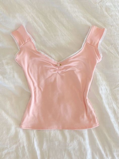 Cute Light Pink Tops, Light Pink Clothing, Cute Clothing Pieces, Light Pink Clothes, Cute Pink Clothes, Pink Coquette Outfit, Cute Pink Tops, Coquette Outfit Aesthetic, Pink Tees