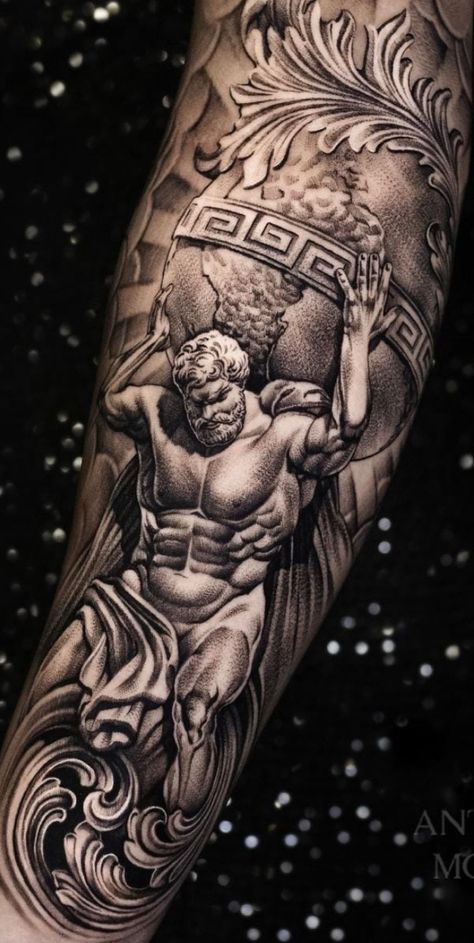 Blackwork Greek Tattoo, Greek Mythology Atlas Tattoo, Greek Gods Tattoos For Men, Small Torso Tattoo Men, Zeus Realism Tattoo, Acropolis Tattoo, Odysseus Tattoo, Greek Style Tattoos, Atlas Tattoo Design