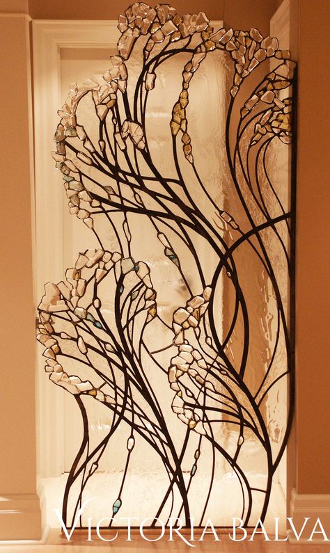 Modern Decorative Glass Wall Dividers & Partitions | Victoria Balva Stained Glass Wall Divider, Stained Glass Partition, Glass Wall Divider, Meditation Zone, Modern Stained Glass Panels, Texture Sketch, Wall Dividers, Glass Casting, Couture Embellishment