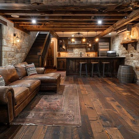 10 Stunning Basement Flooring Ideas with Engineered Hardwood • 333+ Inspiring Lifestyle Ideas Fancy Basement Ideas, Crazy Basement Ideas, Western Style Basement, Cabin Theme Basement, Basement Rustic Ideas, Basement Open Ceiling Ideas, English Basement Ideas, Tavern Basement Ideas, Stone Basement Ideas