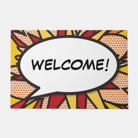 Custom Comic Book Speech Bubble WELCOME Doormat  Zazzle Welcome Speech, Superhero Pop Art, Zap Pow, Custom Comic Book, Comic Book Pop Art, Pop Custom, Bubble Fun, Convention Gifts, Retro Comic Book