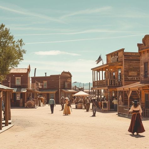 Old Western Town: Visitors dressed in period costumes wander the dusty streets of an old Western town under a clear sky. #western #town #costume #historical #buildings #sky #clear #streets #aiart #aiphoto #stockcake https://ayr.app/l/vdsY Wild West Town Aesthetic, Western Frontier Aesthetic, 1800s Western Aesthetic, Desert Town Aesthetic, Western Town Aesthetic, Old Wild West Aesthetic, Old West Aesthetic, Old Western Aesthetic, Western Village