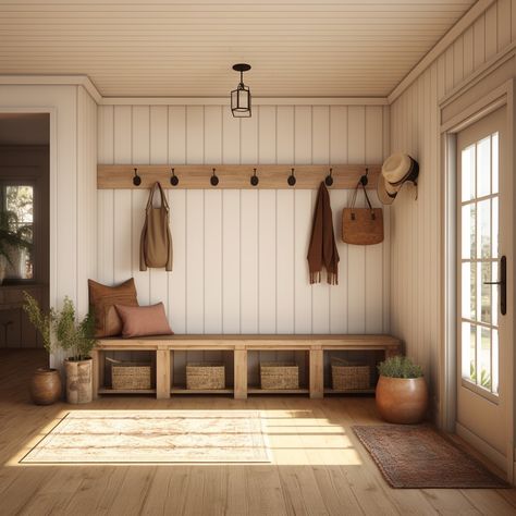 Step into the 'Country Glow', where the often-overlooked farmhouse mud room takes center stage, shining with grace and splendor. More than just a practical space, it radiates with a special luminosity reminiscent of sun-dappled meadows and morning mist over farmlands. With its thoughtful design, rustic touches, and the perfect play of light, the 'Country Glow' mud room isn’t just a place to leave behind the day's wear—it's a radiant invitation into the comforting embrace of home. Rustic Master Bedrooms Decor French Country, Mudroom With Fireplace, Rustic Country Interior, Western Mud Room Ideas, Mediterranean Mud Room, Mud Room Entry Farmhouse, Mud Area Entryway, Big Mudroom Ideas, Mudroom Entryway Farmhouse