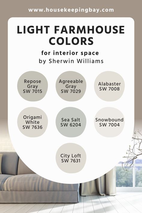 Light Sherwin Williams Farmhouse Colors For Interior Space Popular House Colors Interior, Whole House Paint Colors 2023 Sherwin Williams, Whole House Paint Scheme Light And Airy, Farmhouse Paint Pallet Sherwin Williams, Foyer Paint Color Ideas Sherwin Williams, Wintersweet Gray Sherwin Williams, Sherman Williams Farmhouse Colors, Farmhouse Sherwin Williams Paint Colors, Light French Gray Living Room