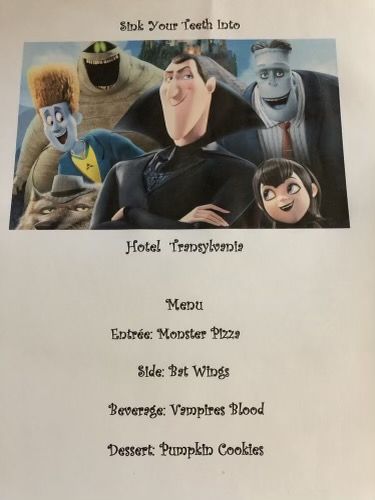 Hotel Transylvania Dinner Family Movies, Fall Movie Themed Dinner, Hotel Transylvania Dinner Ideas, Disney Movie Night Menu Halloween, Netflix Dinner And A Movie, Family Movie Dinner Night, Halloween Themed Movie Night Food, Halloween Movie And Dinner Theme, Hotel Transylvania Themed Dinner