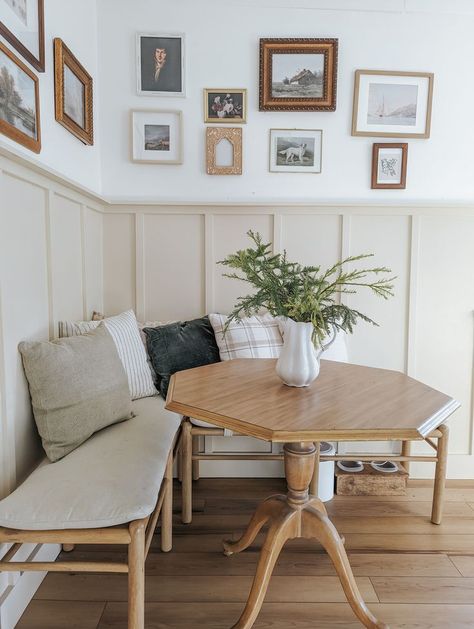 Breakfast Nook Picture Wall, Fireplace In Breakfast Nook, Closet Turned Breakfast Nook, Dining Nook No Window, Tiled Breakfast Nook, Loveseat Breakfast Nook, Temporary Breakfast Nook, Green Kitchen Nook, Breakfast Nook Ideas No Window