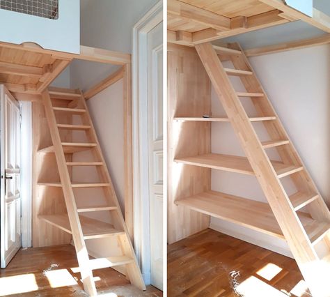 Loft Bunk, Stair Shelves, Tiny House Stairs, Rustic Loft, Loft Stairs, House Loft, Attic Stairs, Attic Remodel, Loft Room