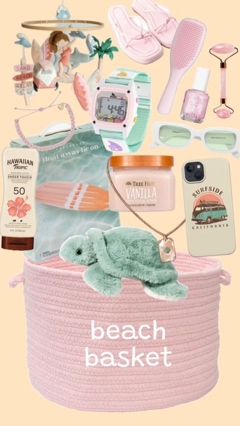 Beach Gift Basket, Summer Gift Baskets, Girly Christmas Gifts, Soft Jewelry, Preppy Gifts, Beach Basket, Birthday Basket, Cute Birthday Ideas, Cute Gifts For Friends