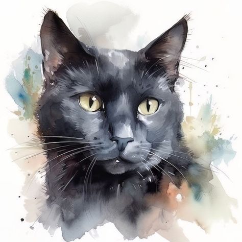 Black Cat Painting Watercolor, Watercolor Black Cat Tutorial, Watercolour Black Cat, Black Cat Portrait Painting, Black Cat Watercolor Paintings, Watercolor Cat Portraits, Watercolour Cats Painting, Cat Drawing Watercolor, Cat Watercolor Paintings