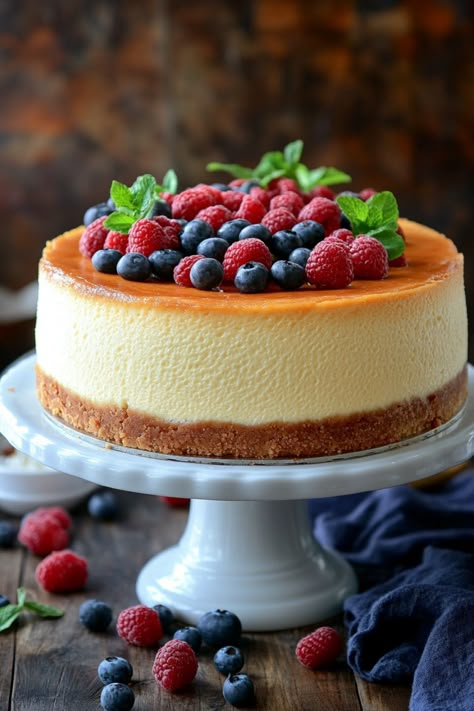 Cheesecake topped with fresh raspberries, blueberries, and mint leaves on a white cake stand. Cheesecake Birthday Cake Ideas, Best Cake Flavors Combinations, Cheesecake Recipe Ideas, Gourmet Cheesecake, Best Cake Flavours, Cheesecake New York, Thanksgiving Cheesecake, Cheesecake Ideas, Decadent Cheesecake