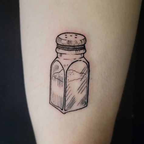 Salt And Pepper Shaker Tattoos, Salt Shaker Illustration, Salt Of The Earth Tattoo, Canning Tattoo, Glass Jar Tattoo, Pepper Shaker Tattoo, Salt Shaker Drawing, Salt And Pepper Tattoo, Salt And Light Tattoo