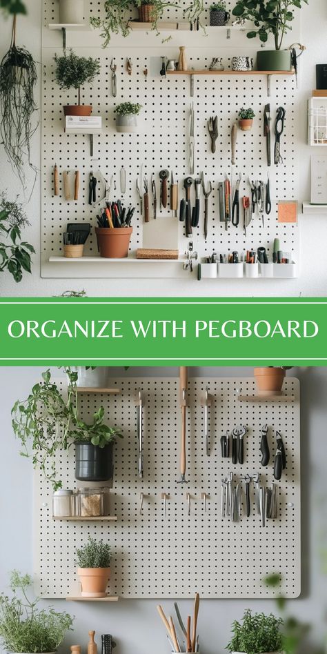 This pin showcases a DIY modern pegboard for organizing tools and craft supplies. It features two images demonstrating stylish ways to use a pegboard for effective space organization. Modern Pegboard, Setting Up A Home Office, Diy Pegboard, Diy Organizer, Pegboard Accessories, Organize Craft Supplies, Craft Corner, Supplies Organization, Modern Diy