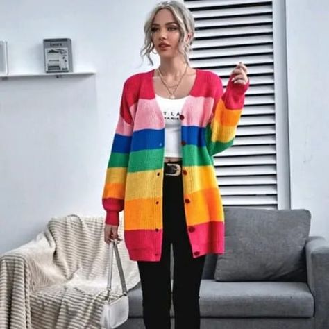 15 Women's Cardigans Made for Hot Weather Drop Shoulder Coat, Rainbow Cardigan, Classy Jumpsuit, Bold Dresses, Stripe Cardigan, Stylish Clothes, Striped Cardigan, Rainbow Stripes, Long Sleeve Cardigan