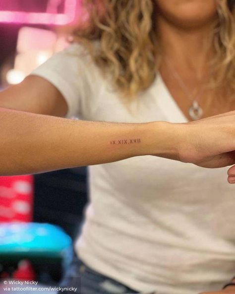 Roman Numeral Tattoo Arm, Roman Numbers Tattoo, Birthdate Tattoo, Fine Line Tattoo Ideas, Side Wrist Tattoos, Roman Numeral Tattoo, Numeral Tattoo, Line Tattoo Ideas, Tiny Wrist Tattoos