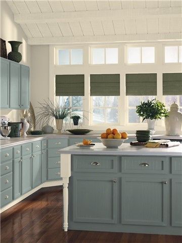 Benjamin Moore Green, Benjamin Moore Kitchen, White Kitchen Paint, Kitchen Cabinets Color Combination, Kitchen Facelift, Living Room Wall Color, Room Wall Colors, Kitchen Design Color, Blue Kitchen Cabinets