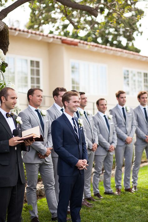 Photography: Studio 28 Photo - studio28photo.com - groom in navy, groomsmen in gray Navy Blue Groom, Groomsmen Outfit, Blue Groomsmen, Navy Groom, Best Wedding Suits, Men In Suits, Groomsmen Grey, Groom And Groomsmen Suits, Groomsmen Outfits