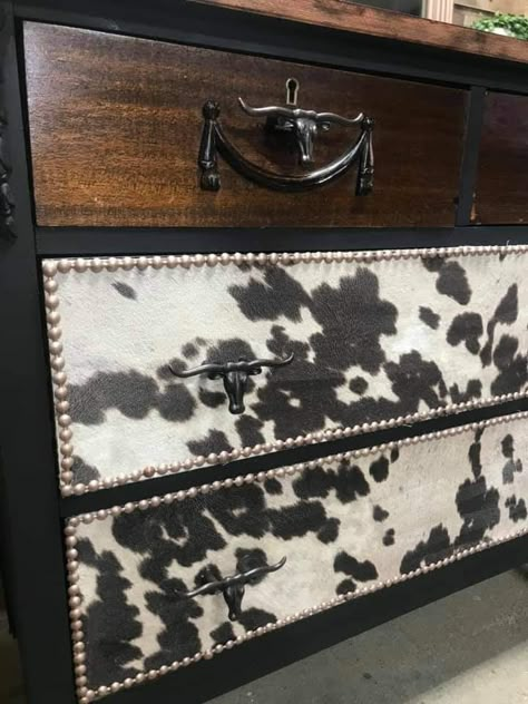 Cowhide Dresser Diy, Diy Western Dresser Makeover, Western Furniture Dressers, Western Dresser Makeover, Cow Print Dresser, Western Dresser Diy, Western Dressers, Western Dresser Furniture, Cow Print Furniture