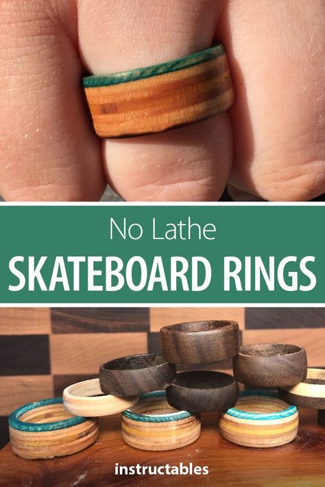 Old Skateboard Ideas Diy, Diy Wood Ring, Wooden Rings Diy, Upcycle Jewelry Box, Upcycled Rings, Skateboard Rings, Recycle Jewelry, Skateboard Furniture, Skateboard Ideas