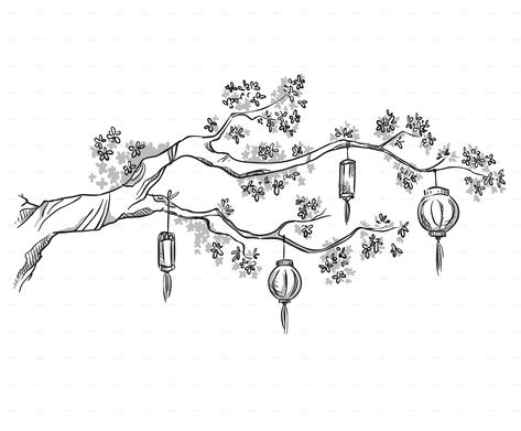 Chinese Lantern Tattoo, Lanterns Drawing, Snow Tattoo, Lantern Drawing, Chinese Tree, Branch Drawing, Lantern Tattoo, Branch Tattoo, Arte Peculiar