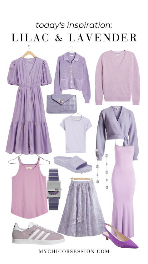 Spring outfits are the perfect opportunity to incorporate a pastel piece into your look. Here are a few lilac and lavender pieces for inspiration. Lavender Spring Outfits, Light Spring Aesthetic, Purple Dresses Casual, Pastel Casual Outfit, Lavender Outfits For Women, Lilac Color Combinations Outfit, Soft Summer Winter Outfits, Lilac Outfit Ideas, Muted Wardrobe