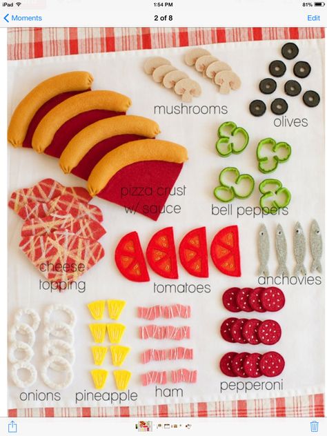 Use for the toppings... Felt Pizza, Felt Food Diy, Felt Food Patterns, Stuff To Make, Play Kitchens, Gourmet Pizza, Felt Play Food, Pretend Food, Food Patterns