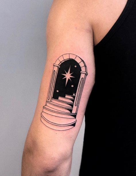 Ancient Portal, Portal Tattoo, Traditional Black Tattoo, Traditional Tattoo Inspiration, Heaven Tattoos, Optical Illusion Tattoo, Surreal Tattoo, Tattoos Sleeve, Traditional Tattoo Sleeve