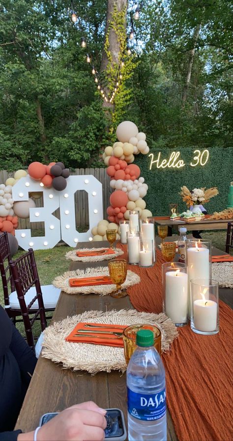 Boho 30th Birthday Party Decor, Birthday Ideas For Fall Birthdays, Outside 30th Birthday Party Ideas, Elegant Fall Birthday Party Ideas, Boho Themed 30th Birthday Party, Easy Backyard Party Decor, Fall Color Party Ideas, 30th Backyard Party, Fall B Day Party Ideas