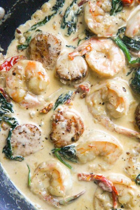 Creamy Tuscan Shrimp And Scallops, Scallop Florentine Recipe, Shrimp And Scallop Pasta Cream Sauces, Frozen Shrimp And Scallop Recipes, Shrimp And Scallops Recipes, Crab Shrimp Scallop Recipes, Scallops Shrimp Recipe Dinners, Shrimp And Bay Scallop Recipes, Scallop Shrimp Pasta