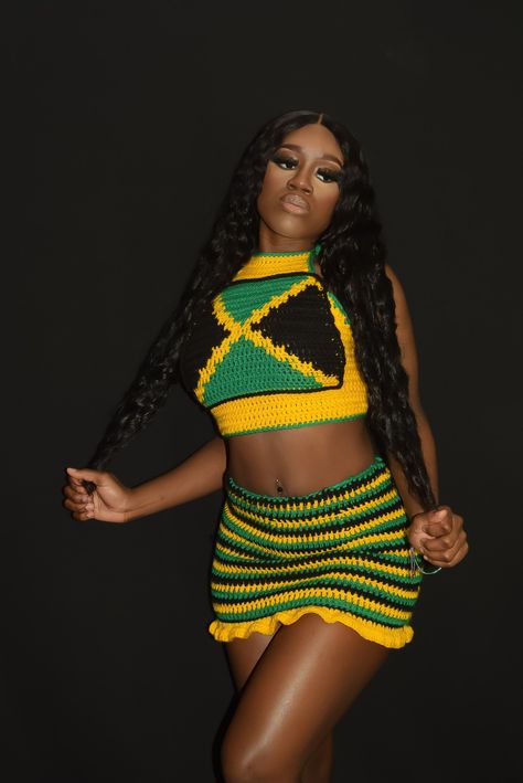 Handmade Jamaican Crochet Flag Top with matching Skirt with Ruffle Hem Carnival Outfit Jamaica, Jamaican Theme Party Outfit, Jamaican Crochet Dress, Jamaica Crochet Outfits, Jamican Outfit Party, Jamaican Dancehall Outfit, Jamaican Theme Party, Jamaican Outfits For Women, Jamaican Swimsuit