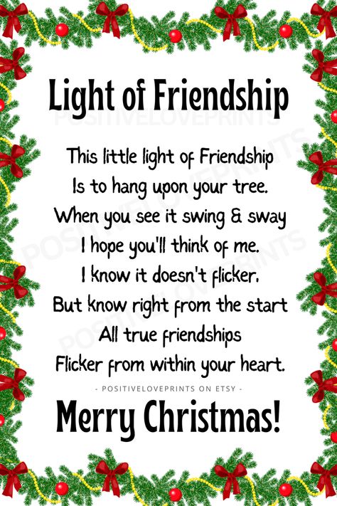 Printable Light of Friendship poem ornament tag DIY, Christmas gift for Friend,Digital Download Etsy Light Of Friendship Poem Printable Free, Light Of Friendship Poem Printable, Christmas Poem For Friends, Light Of Friendship Ornament Printable, Poem On Christmas, Friendship Ornaments Diy, Friendship Lights, Christmas Gift Poem, Light Of Friendship