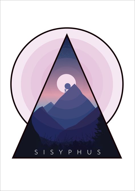 A landscape illustration showing Sisyphus pushing his rock up the mountain. Sisyphus Art, Sisyphus Tattoo, One Must Imagine Sisyphus Happy, Amor Fati Tattoo, Sisyphus Happy, The Myth Of Sisyphus, Happy Artwork, Greek Myth, Triple Moon Goddess