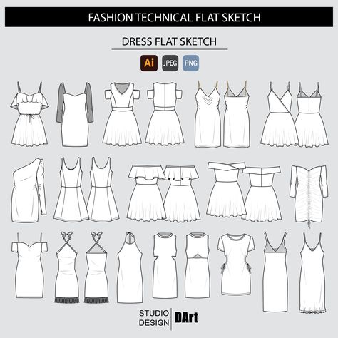 This is a digital template of a Dress Fashion Vector Flat Design. This is a correctly proportioned fashion flat sketch with all construction details accurately drawn and visible. The sketches are ready to use either as is or as a basis for your design development. The drawing can be recolored, adjusted, and edited as you need. The sketches are fully editable using Adobe Illustrator. This is a digital, INSTANT DOWNLOAD product. No item will be shipped. WHAT'S INCLUDED: . Vector flat sketch in gre Croquis, Clothes Drawing Women, Flat Sketches Fashion Portfolio Layout, Flat Sketches Dress, Fashion Dress Illustration, Dress Flat Sketch, Dress Technical Drawing, Flat Sketches Fashion, Fashion Flat Sketch