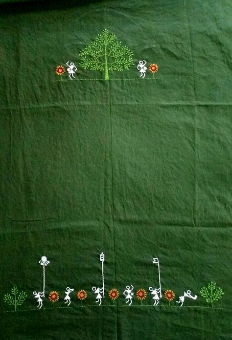 Warli embroidery design on a kurti Warli Painting On Kurti, Warli Embroidery Design, Warli Embroidery, Pattachitra Saree, Native American Beadwork Tutorial, Duptta Design, Ikkat Kurtis, Idea Embroidery, Embroidery Room