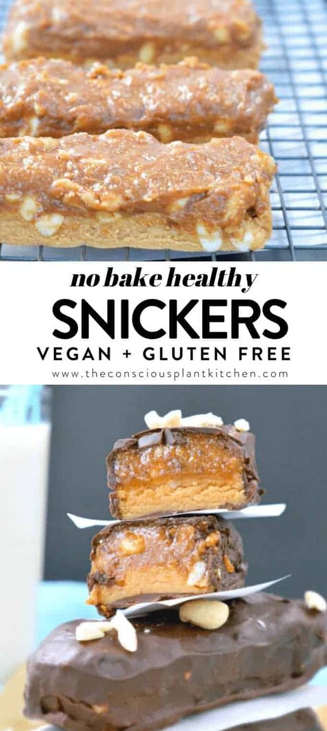 No-bake Vegan Snickers Bars Raw Vegan Snickers, Raw Snickers, Healthy Snickers, Raw Vegan Dessert Recipes, Vegan Snickers, Snickers Candy Bar, Snickers Candy, Vegan Gluten Free Desserts, Raw Vegan Desserts