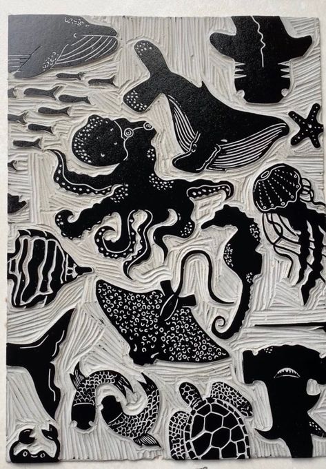 P. SHERMAN A3 Original Linocut Print Lino Print Underwater | Etsy Woodcut Art, Underwater Sea Creatures, Print Making Designs, Print Lino, Linoleum Print, Linocut Printmaking, Lino Art, Underwater Sea, Print Block