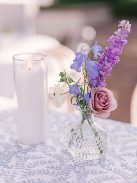 Floral Bridal Shower Theme, Bud Vases Wedding, Bud Vase Centerpiece, Blue Purple Wedding, Purple Wedding Centerpieces, Bud Vases Flowers, Lavender Wedding Flowers, Purple Bridal Shower, Small Purple Flowers