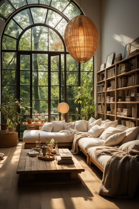 House Interior Boho Chic, Plant Inspired Home Decor, Boho Living Room Kitchen, Living Room Nature Inspired, Natural Chic Living Room, Natural Home Architecture, Comfortable House Interiors, Boho Living Space, Cozy Chic Home Decor