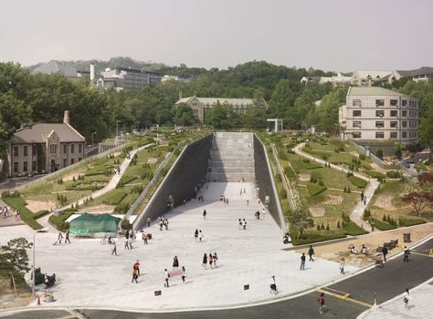 Dominique Perrault Architecture · Ewha Womans University Ewha Womans University, Educational Architecture, University Architecture, Roof Architecture, Green Architecture, Education Architecture, University Campus, Tianjin, Suzhou