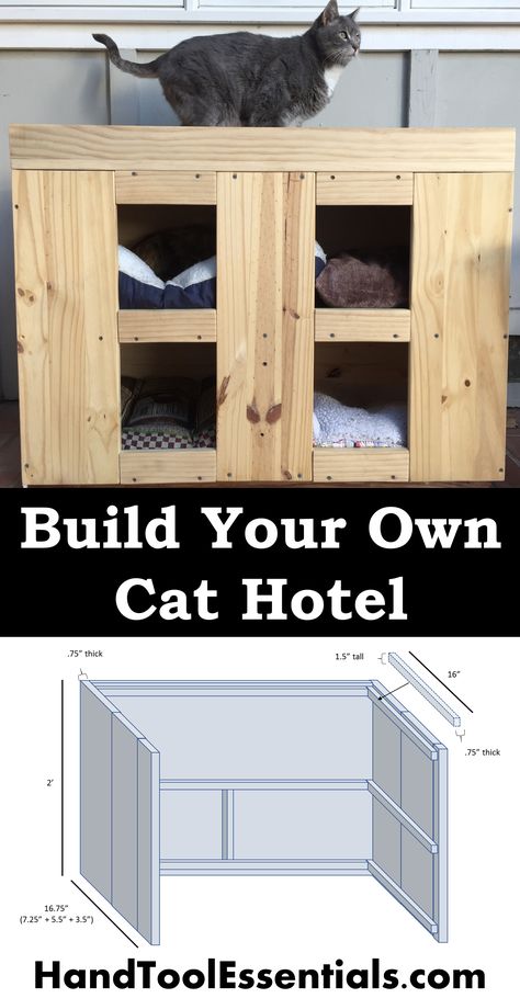 Build the Cat House Your Kitties Deserve with our free DIY tutorial. We've provided step-by-step plans to build the ultimate cat house or hotel for your feline friends. Included in our plans is a materials list, model diagrams, & live images. Also, we've included expert tips for customizing your cat house to your needs. Feral Cat House Plans, How To Build An Outdoor Cat House, Diy Feral Cat House, Two Story Cat House, How To Build A Cat House For Outside, Outdoor Cat House Plans Diy, How To Build A Cat House, Diy Wood Cat House, Build Cat House