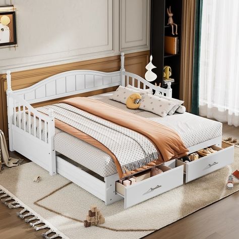 Twin Wooden Daybed with Trundle Bed & 2 Storage Drawers, Extendable Bed Sofa Bed with Guardrails, Solid Wood Slat Support - Bed Bath & Beyond - 40901171 Extendable Daybed, Wooden Daybed With Trundle, Platform Daybed, Twin Size Daybed, Wooden Daybed, Sofa Bed Frame, Daybed With Drawers, Daybed Design, Twin Trundle