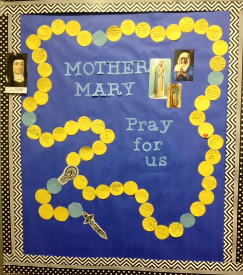 Rosary bulletin board                                                                                                                                                     More Virgin Mary Bulletin Board Ideas, Month Of The Rosary Bulletin Board, Faith Formation Bulletin Boards, Rosary Bulletin Board Ideas, Rosary Bulletin Board, Catholic Bulletin Board Ideas, Catholic Bulletin Boards, Religious Bulletin Boards, Catholic Kids Activities